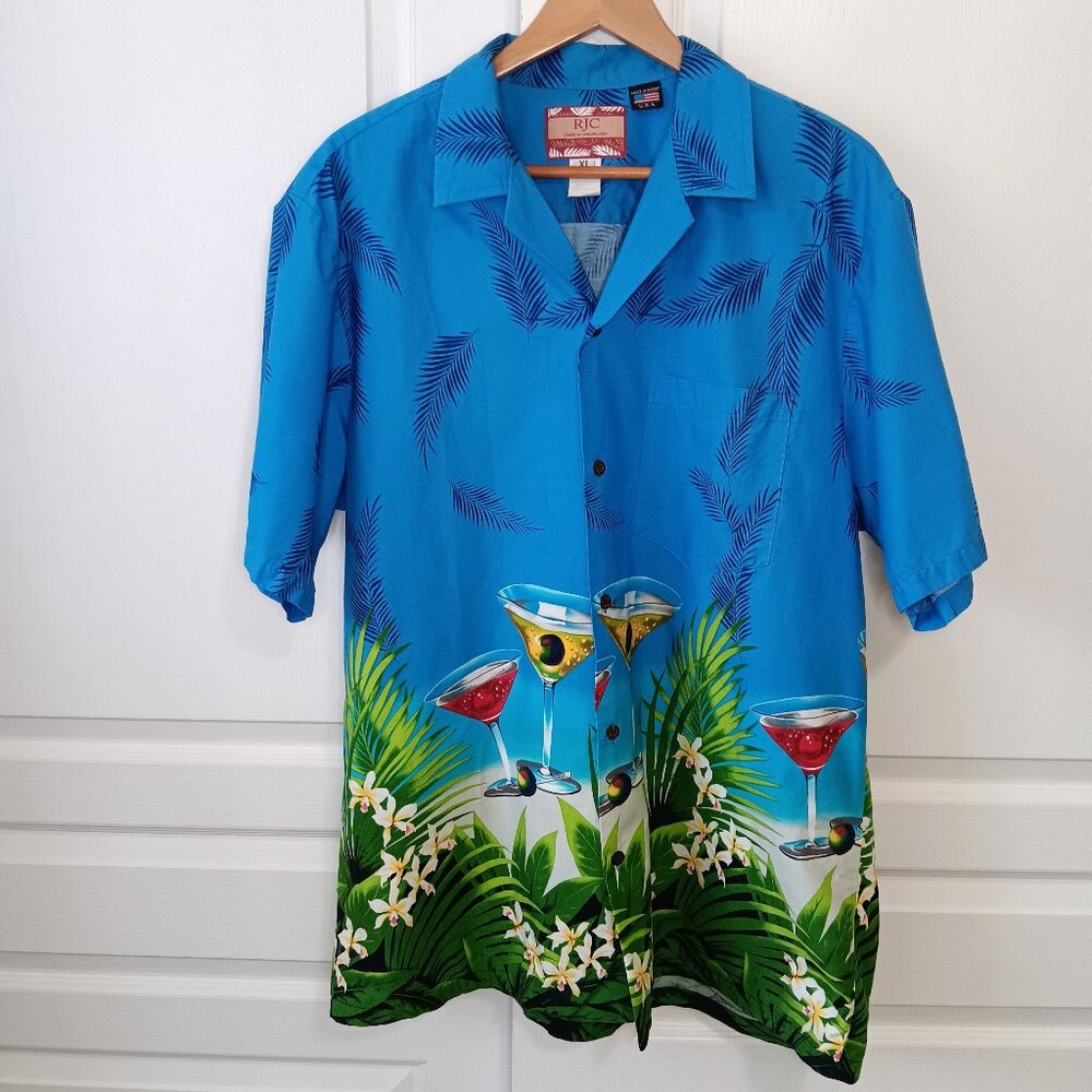 RJC Men's Blue Martinis Cocktails Tropical Short Sleeve Shirt Size XL